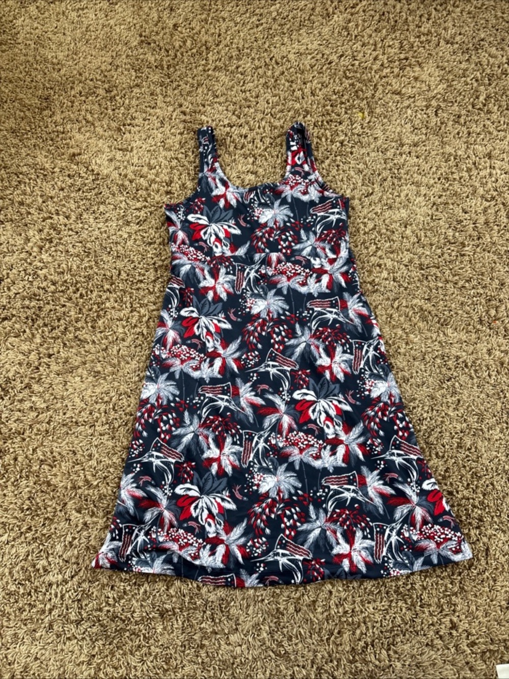 Columbia PFG Sleeveless Tank Dress Navy Red White Palm Print Casual Athleisure